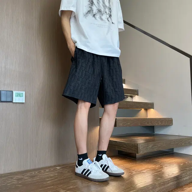 棉基因 美式复古扎染编制纹理设计感宽松日常直筒五分裤百搭系带户外篮球速干凉感少年感薄款运动通勤休闲短裤 男女同款