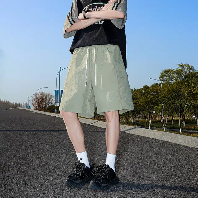 棉基因 纯色速干美式高街简约基础款户外百搭中腰宽松运动透气舒适凉感系带五分休闲短裤 男女同款