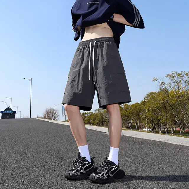 棉基因 纯色速干美式高街简约基础款户外百搭中腰宽松运动透气舒适凉感系带五分休闲短裤 男女同款