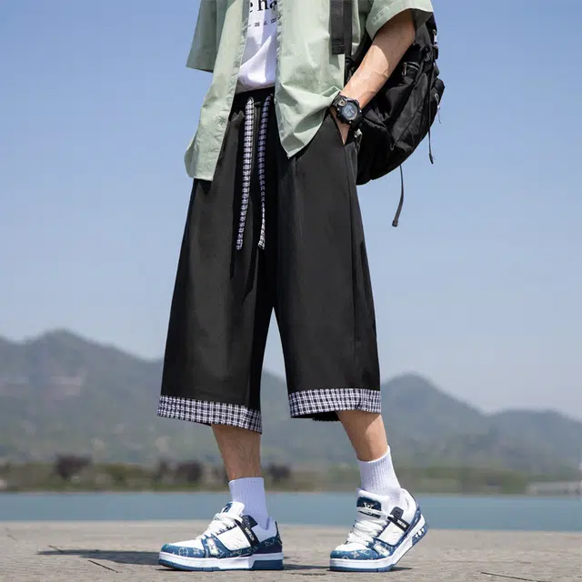 棉基因 日系户外夏季复古拼接格子设计简约基础款宽松直筒百搭工装透气凉感抽绳松紧七分休闲短裤 男女同款