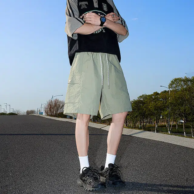 棉基因 纯色速干美式高街简约基础款户外百搭中腰宽松运动透气舒适凉感系带五分休闲短裤 男女同款