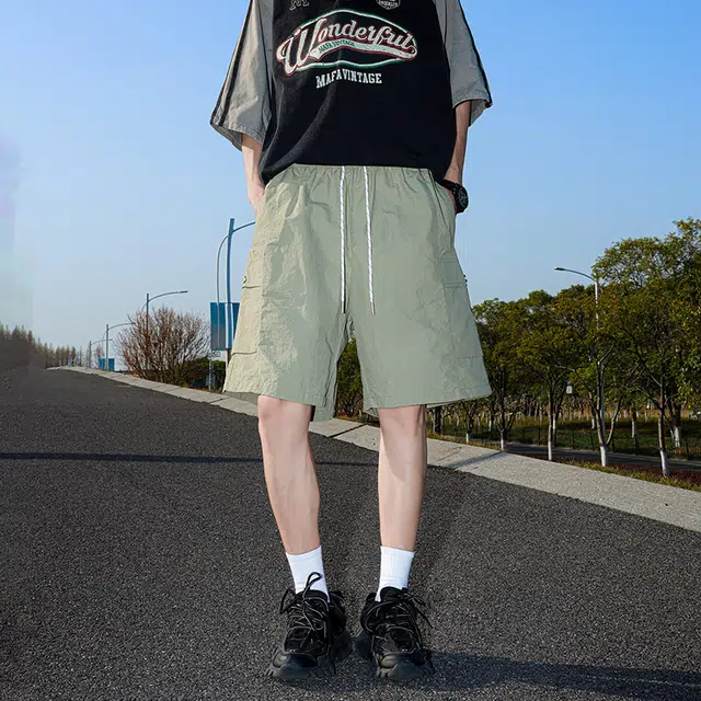 棉基因 纯色速干美式高街简约基础款户外百搭中腰宽松运动透气舒适凉感系带五分休闲短裤 男女同款