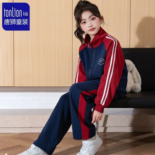 唐狮童装休闲运动套装 时尚条纹拼接 舒适宽松 拉链设计 女款 儿童款