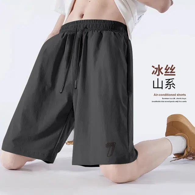红豆 无性别主义美式高街基础款透气冰丝凉感五分裤户外运动休闲通勤微皱垂坠感机能中腰薄款系带大码工装短裤 男女同款