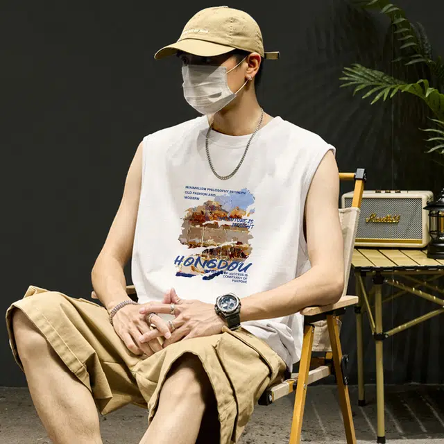 红豆 美式潮牌高街油画风印花基础款柔软舒适透气宽松大码打底外穿无袖坎肩青少年性张力穿搭吸湿排汗垂感运动跑步锻炼背心 男女同款