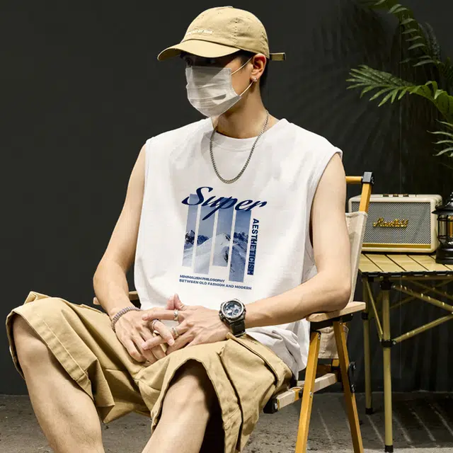 红豆 高街潮流纯棉基础款百搭跑步健身吸汗内搭打底亲肤柔软透气宽松无性别主义少年感无袖坎肩砍袖圆领套头背心 男女同款