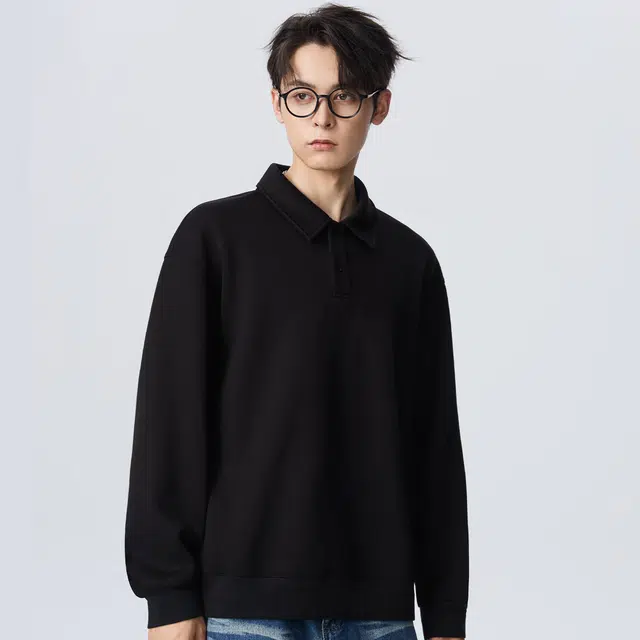 红豆 无性别主义美式复古男款纯色宽松休闲落肩袖半拉链舒适透气日常通勤翻领加绒卫衣 男女同款