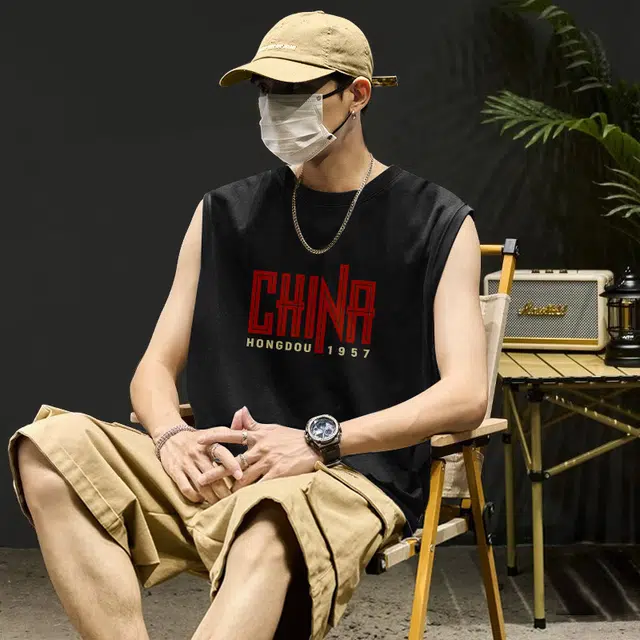 红豆 国潮重磅高级感纯棉基础款宽松舒适透气无袖内搭打底汗衫百搭休闲户外健身运动跑步篮球服圆领坎肩小领口背心 男女同款