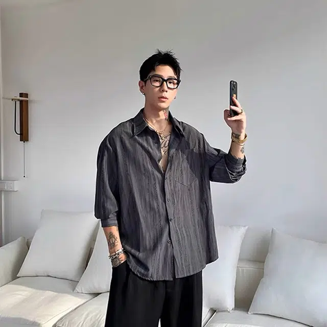 徐百货 肌理感条纹长袖防晒外套松弛感通勤休闲衬衫 男女同款