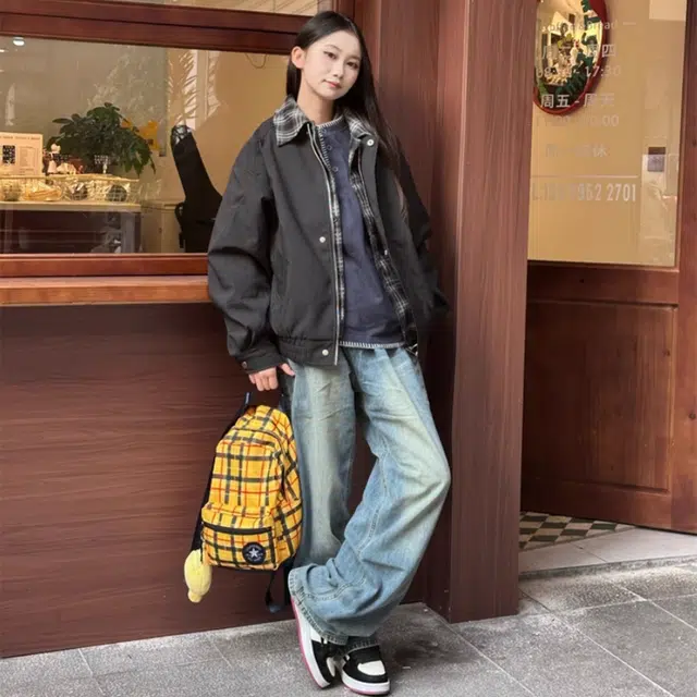 徐百货  美式潮牌假两件拼接格纹衬领设计感夹克春秋季宽松百搭防风工装飞行员机车教练外套上衣棒球服 男女同款