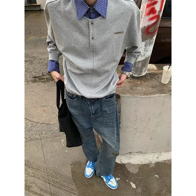 徐百货 学院风假两件高级感翻领卫衣春秋潮牌设计感小众长袖内搭打底衫衬衫 男女同款