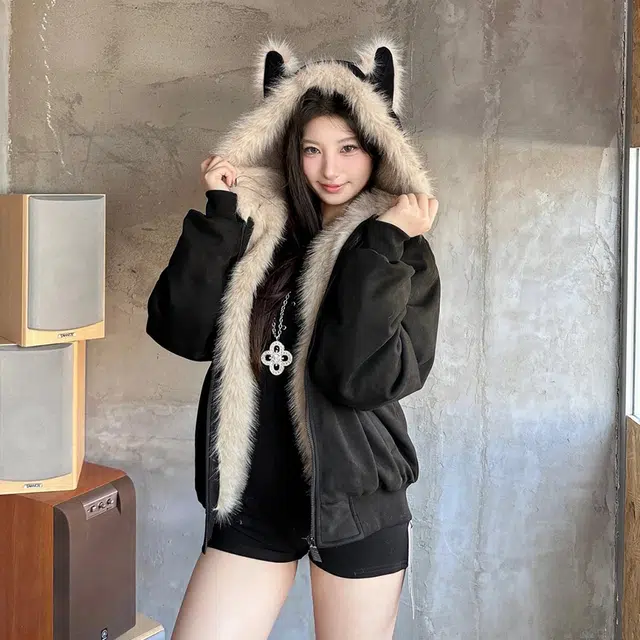 徐百货 复古潮流兔耳朵座山雕上衣外套冬季保暖毛领夹棉情侣款百搭加厚棉衣面包服棉服 男女同款