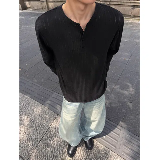 徐百货 美式复古极简风高级感亨利领长袖上衣慵懒风松弛感百搭打底衫卫衣 男女同款