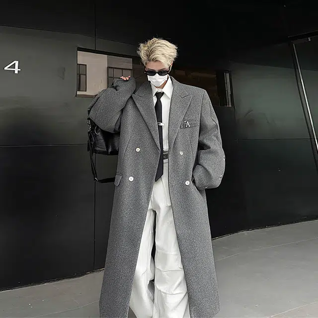 徐百货 美式高街潮牌百搭正肩毛呢秋冬中长款过膝外套潮流高级感痞帅双排扣呢子大衣 男女同款