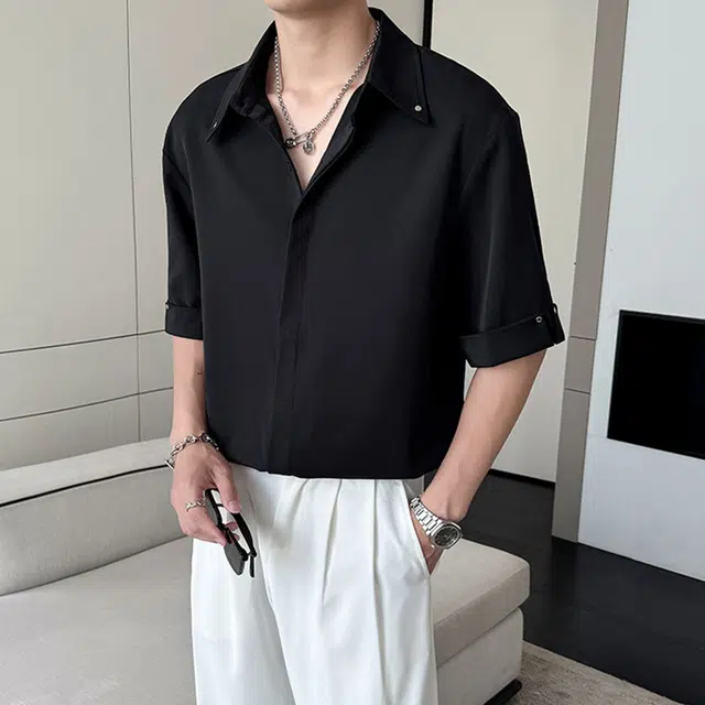 徐百货 薄款冰丝韩系穿搭高级感痞帅百搭短袖衬衫 男女同款