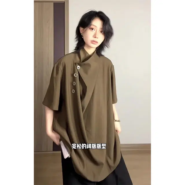 徐百货 新中式国风短袖上衣夏季不规则小众设计高级感垂感冰丝衬衣衬衫 男女同款