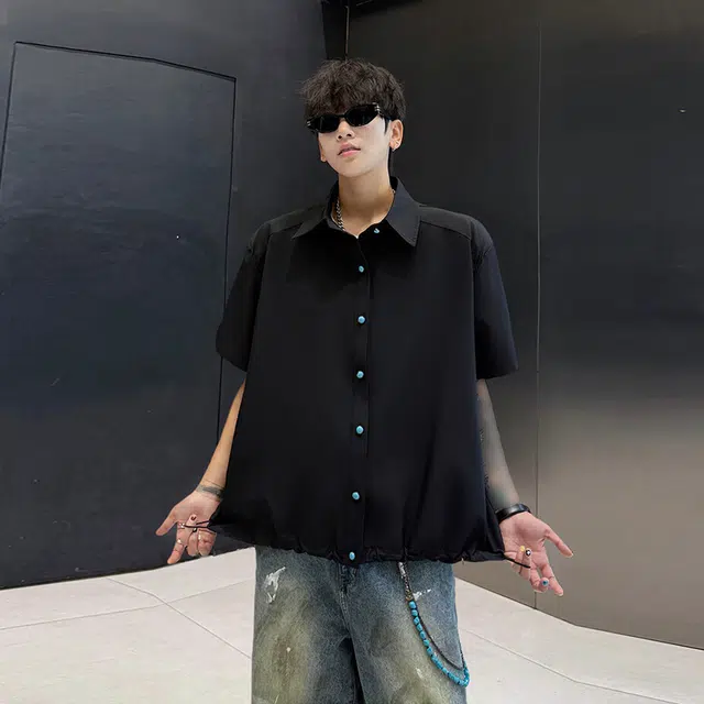徐百货 抽绳束腰夏季透气设计感潮流百搭薄款短袖衬衫 男女同款