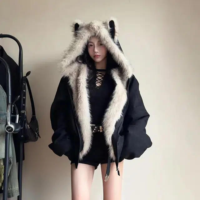 徐百货 复古潮流兔耳朵座山雕上衣外套冬季保暖毛领夹棉情侣款百搭加厚棉衣面包服棉服 男女同款