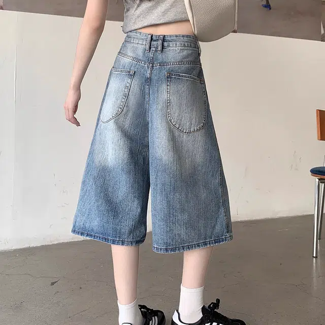 徐百货 美式阔腿七分裤夏季高腰宽松显瘦百搭大码直筒中裤潮流牛仔短裤 男女同款