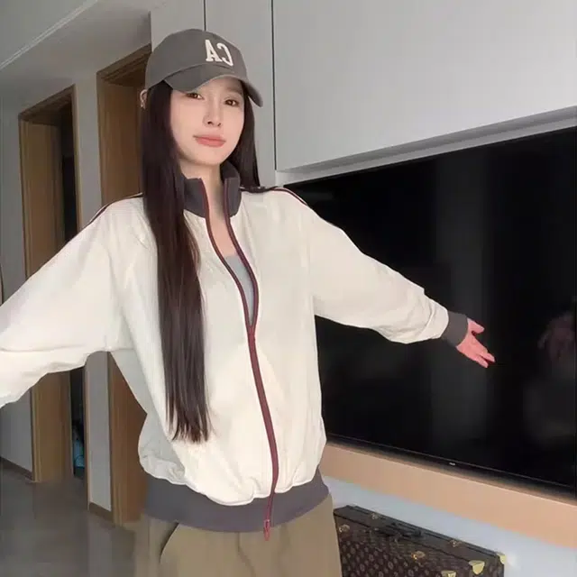 徐百货 美式潮牌撞色条纹薄款透气户外运动休闲夹克长袖防晒服 男女同款