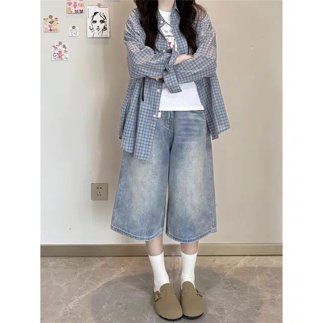 徐百货 美式阔腿七分裤夏季高腰宽松显瘦百搭大码直筒中裤潮流牛仔短裤 男女同款