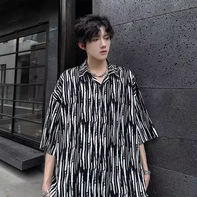 徐百货 美式黑白扎染条纹痞帅垂感宽松百搭休闲短袖衬衫 男女同款