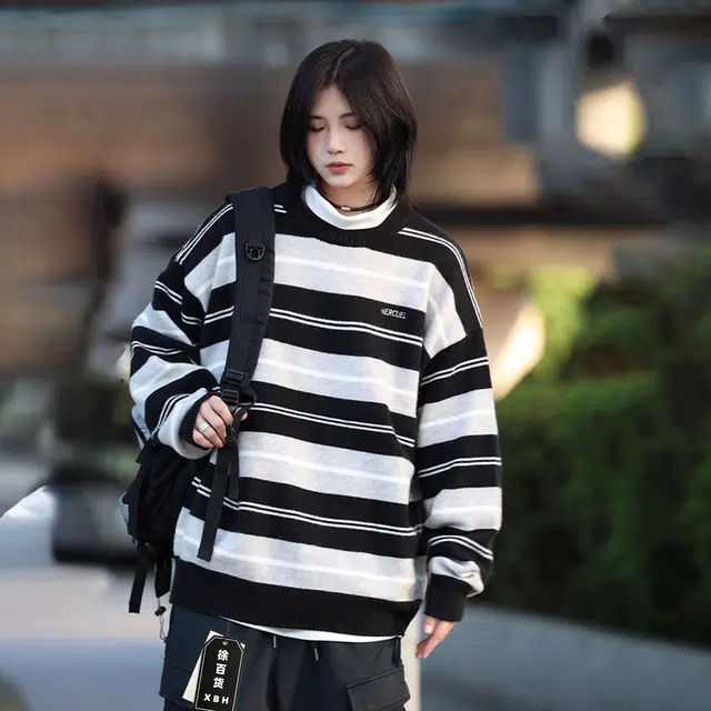 徐百货 美式复古慵懒条纹套头痞帅潮牌简约休闲毛衣 男女同款