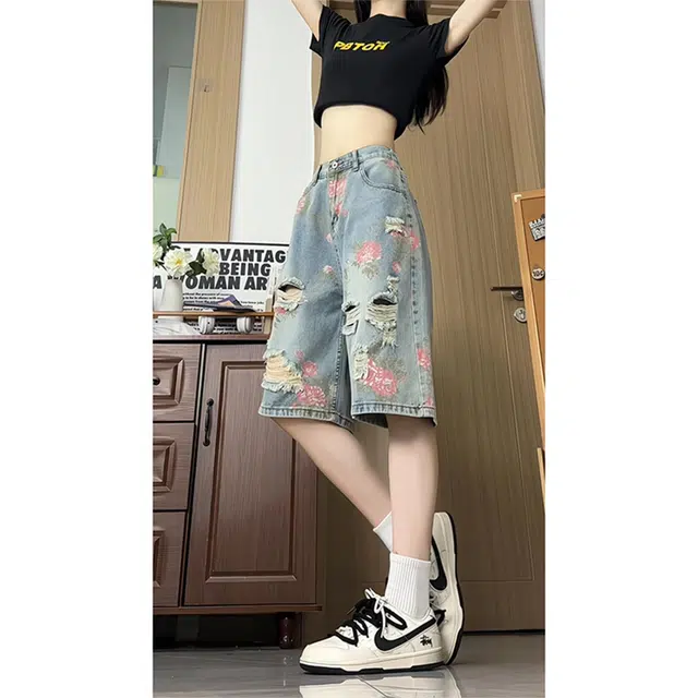 徐百货 美式植物花卉破洞中裤夏季外穿运动子宽松休闲大码五分裤牛仔短裤 男女同款