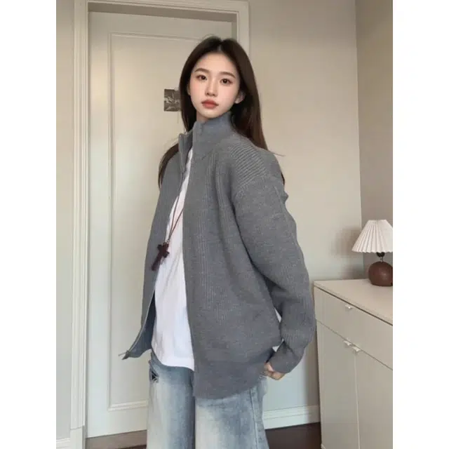 徐百货 美式复古设计感双拉链立领开衫外套痞帅针织衫夹克潮流百搭宽松舒适卫衣 男女同款