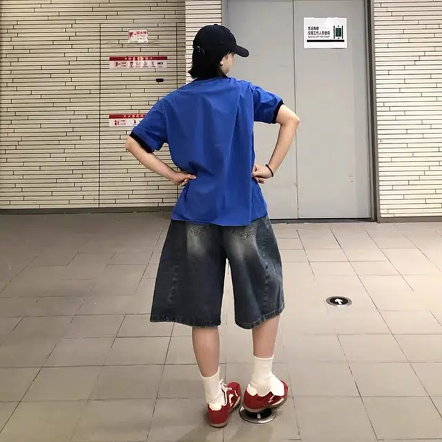 徐百货 美式复古休闲水洗五分中裤做旧阔腿直筒裤夏季必备潮流百搭牛仔短裤 男女同款