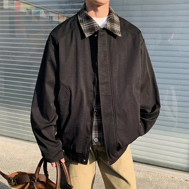 徐百货  美式潮牌假两件拼接格纹衬领设计感夹克春秋季宽松百搭防风工装飞行员机车教练外套上衣棒球服 男女同款