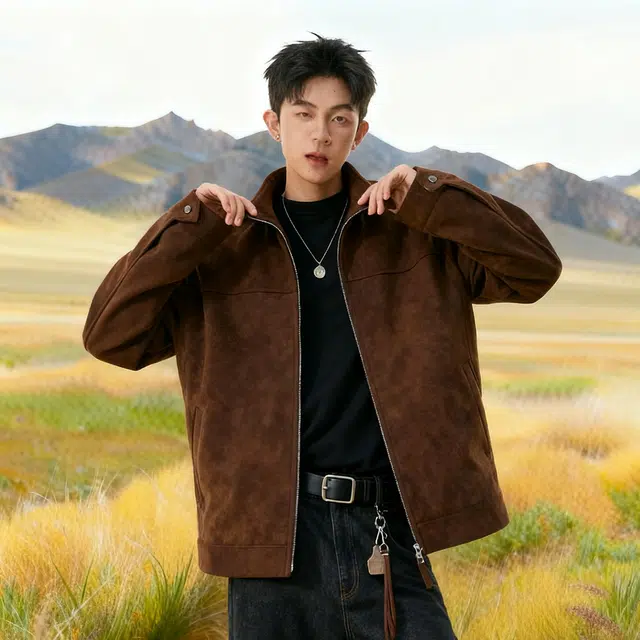 徐百货 美拉德仿麂皮磨砂高级感外套春秋季穿搭潮牌痞帅翻领纯色秋冬美式复古教练夹克 男女同款