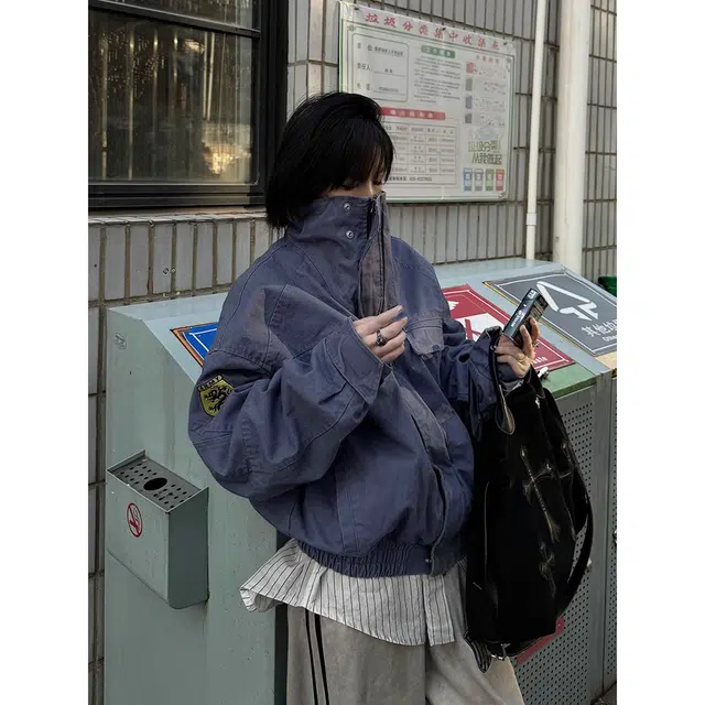徐百货 美式复古立领座山雕工装外套廓形正肩棒球服宽松舒适潮流百搭夹克 男女同款