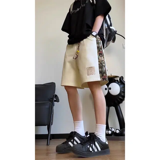 徐百货 国风刺绣小熊设计感夏季宽松潮牌拼接裤子过膝运动五分裤休闲短裤 男女同款