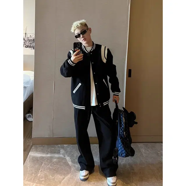徐百货 美式复古情侣款棒球服黑白拼接外套宽松飞行服潮流百搭舒适夹克 男女同款