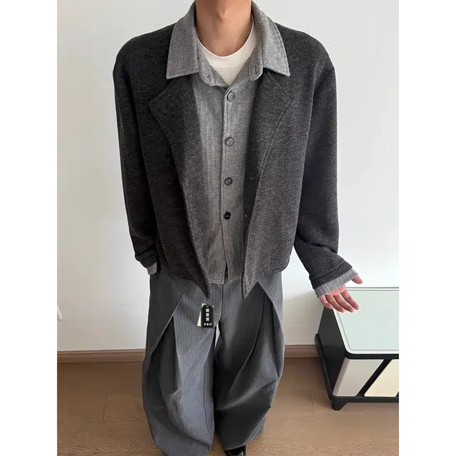 徐百货 麦穗提花假两件老钱风上衣男春秋季撞色衬衫领拼接长袖正肩开衫外套毛衣 男女同款