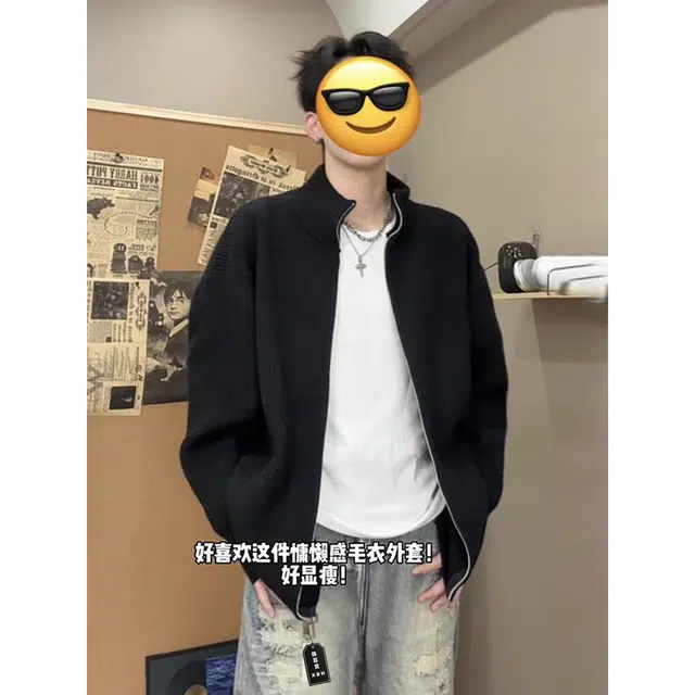 徐百货 美式双拉链开衫立领慵懒风高级感小众设计感上衣夹克外套潮流百搭毛衣 男女同款