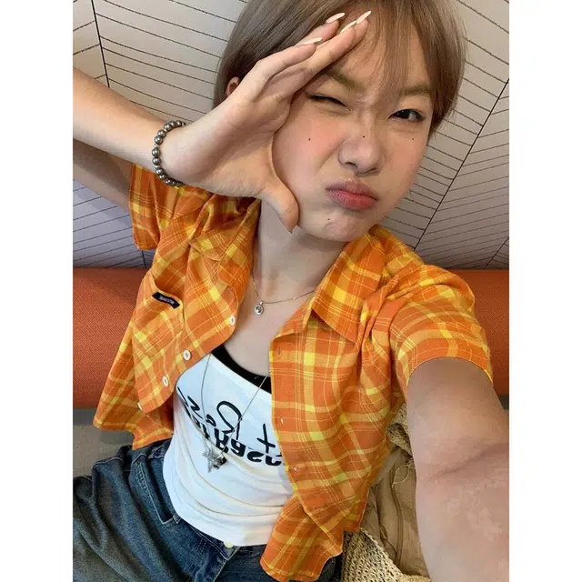 徐百货 美式格纹衬衣美式学院风衬衣百搭修身短袖衬衫 男女同款