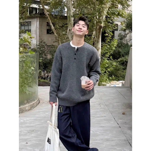 徐百货 美式亨利领春秋冬季复古慵懒老钱风高级感内搭外套毛衣 男女同款