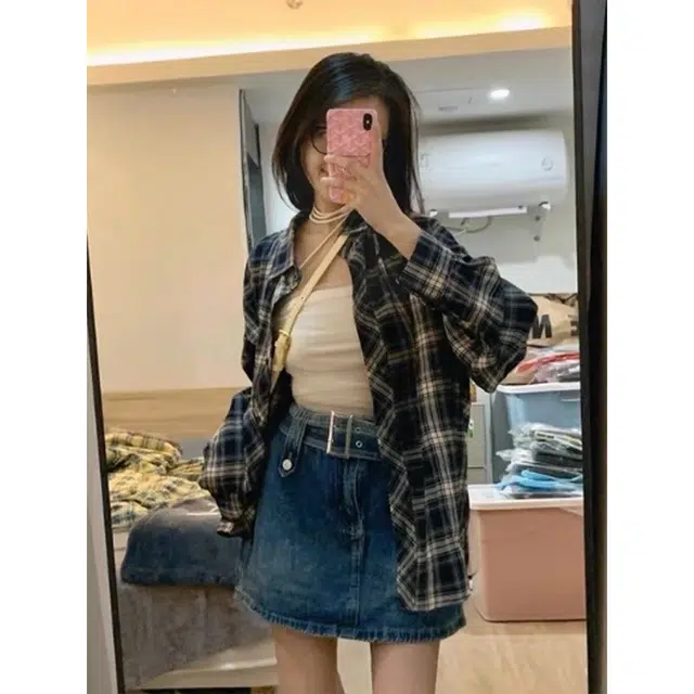 徐百货 港风潮牌格纹衬衣高级感痞帅情侣叠穿长袖宽松舒适潮流百搭衬衫 男女同款