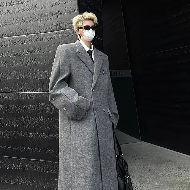 徐百货 美式高街潮牌百搭正肩毛呢秋冬中长款过膝外套潮流高级感痞帅双排扣呢子大衣 男女同款