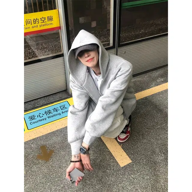 徐百货 纯色连帽开衫重磅美式慵懒百搭双拉链外套潮卫衣 男女同款