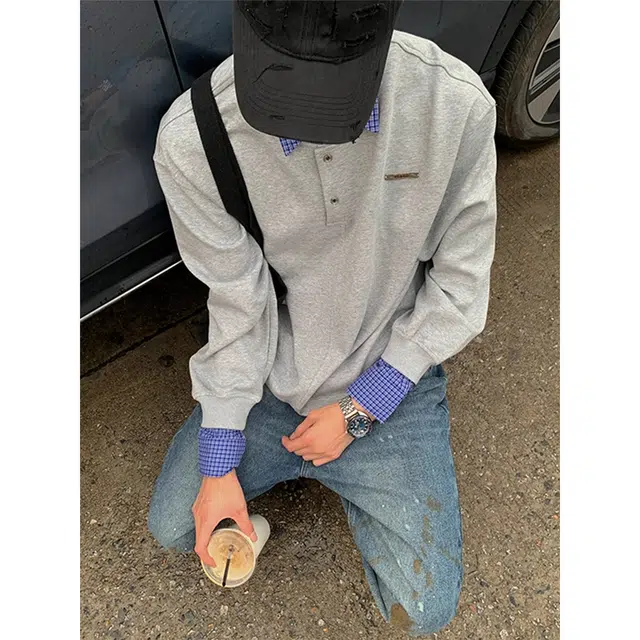 徐百货 学院风假两件高级感翻领卫衣春秋潮牌设计感小众长袖内搭打底衫衬衫 男女同款