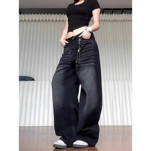 徐百货 美式复古做旧印花弯刀裤夏季宽松阔腿长裤潮流百搭牛仔裤 男女同款