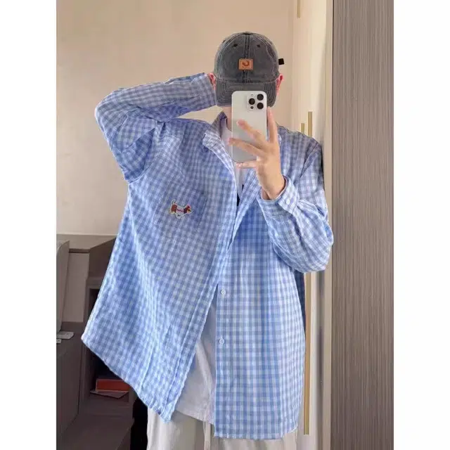 徐百货 美式腊肠狗刺绣格子防晒复古格纹衬衣高级感青少年外套潮流百搭宽松舒适衬衫 男女同款