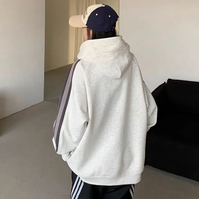 徐百货 美式潮牌全棉拼色插肩袖连帽上衣百搭情侣款加绒显瘦内搭帽衫卫衣 男女同款