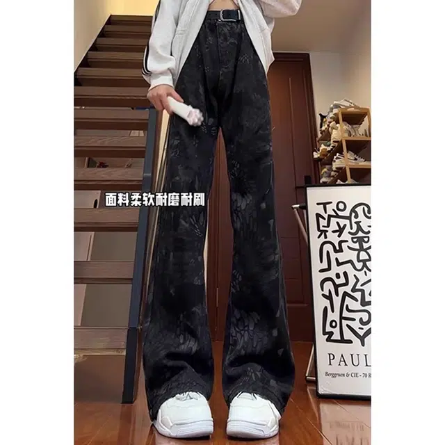 徐百货 美式高街复古迷彩蛇纹夏季痞帅直筒显瘦修身微喇潮牌牛仔裤 男女同款