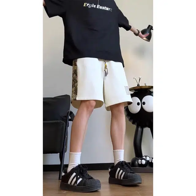 徐百货 国风刺绣小熊设计感夏季宽松潮牌拼接裤子过膝运动五分裤休闲短裤 男女同款