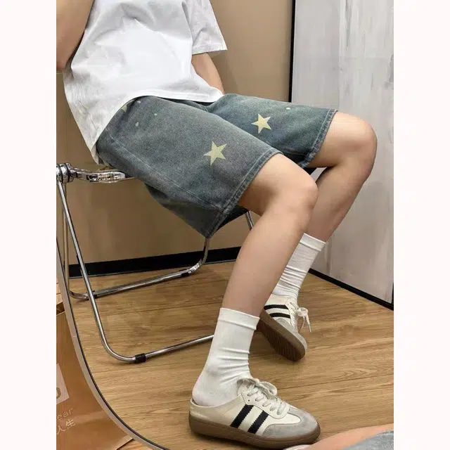 徐百货 复古星星印花五分裤春夏薄款宽松高腰直筒中裤潮流百搭牛仔短裤 男女同款