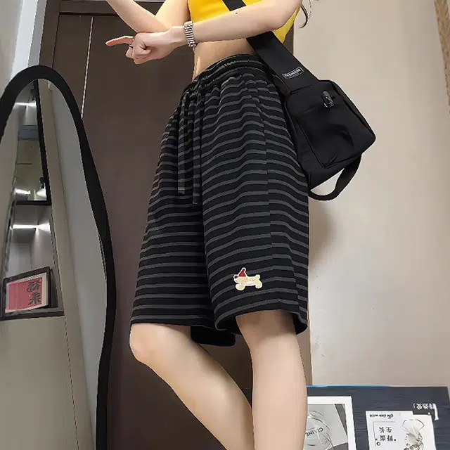 徐百货 美式复古刺绣条纹五分裤穿搭高街薄款弹力高级感宽松百搭休闲短裤 男女同款